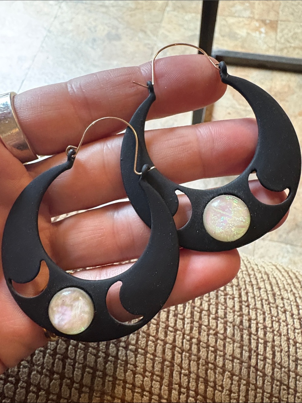 Gorgeous Black Crescent Hoop Earrings with Pink Iridescent Moonstone Discs